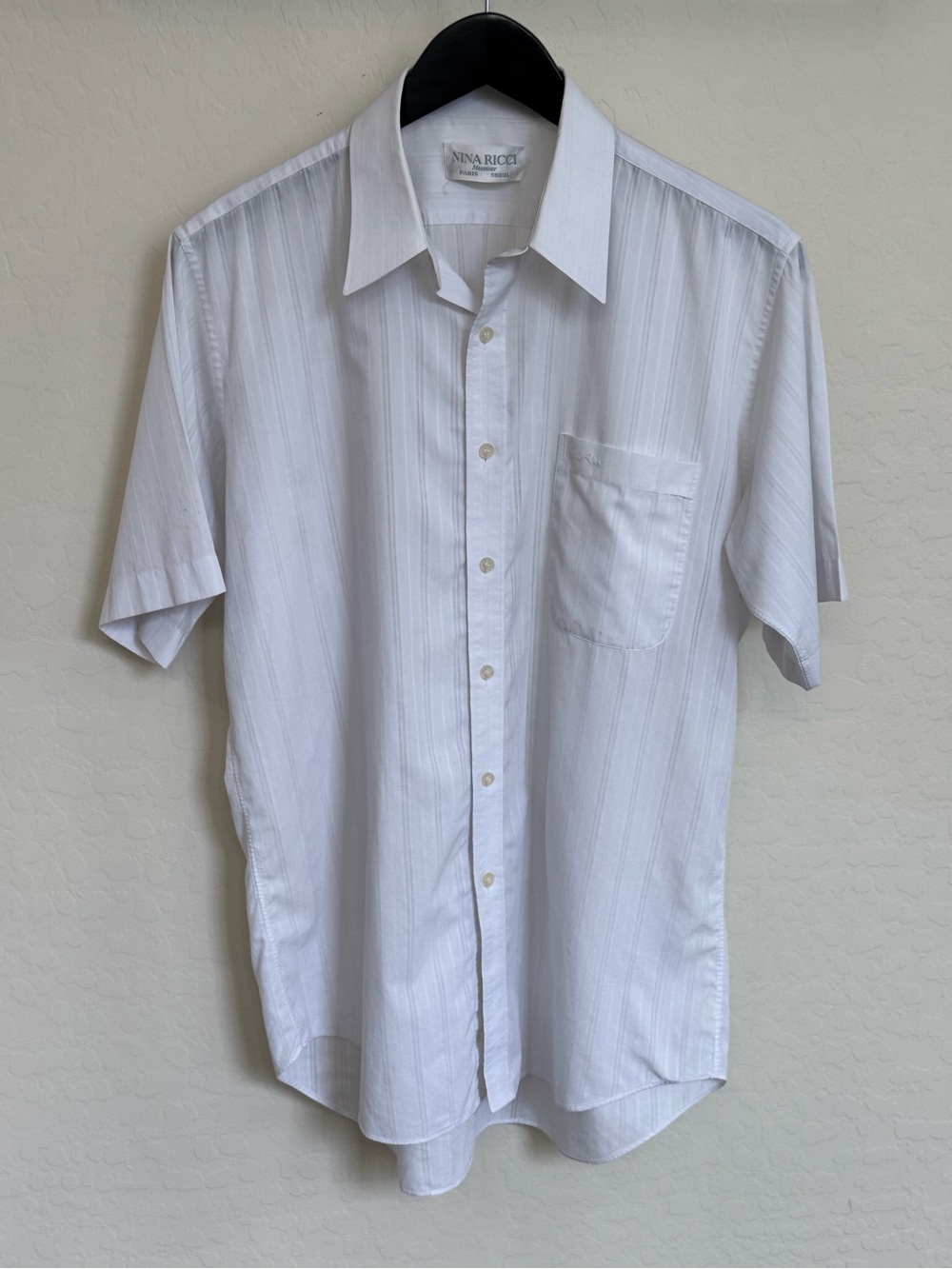 Vintage Nina Ricci Monsieur White Striped Short Sleeve Shirt Size 41 US 16 M